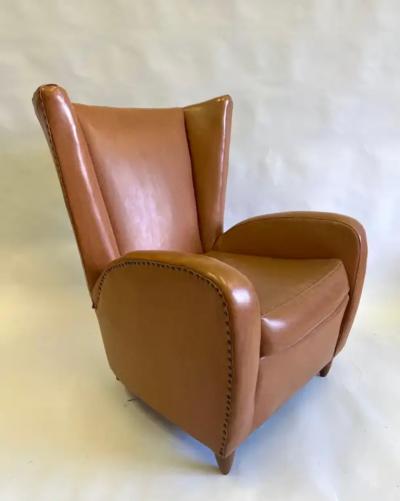Paolo Buffa Pair Italian Modern Neoclassical Wingback Leather Lounge Chairs by Paolo Buffa