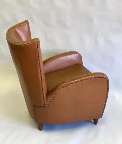 Paolo Buffa Pair Italian Modern Neoclassical Wingback Leather Lounge Chairs by Paolo Buffa