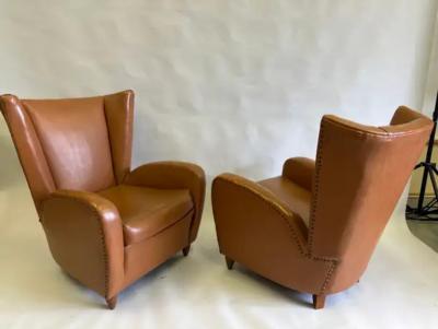 Paolo Buffa Pair Italian Modern Neoclassical Wingback Leather Lounge Chairs by Paolo Buffa