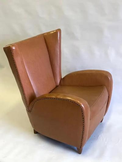 Paolo Buffa Pair Italian Modern Neoclassical Wingback Leather Lounge Chairs by Paolo Buffa