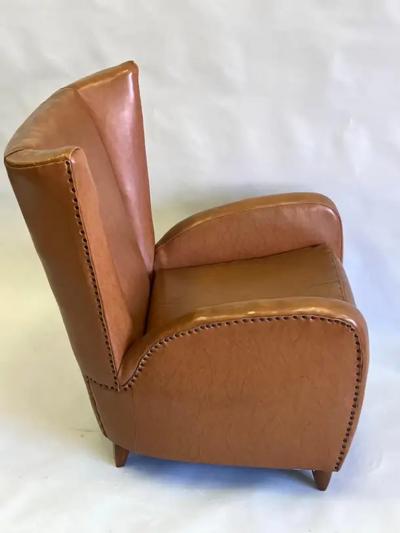 Paolo Buffa Pair Italian Modern Neoclassical Wingback Leather Lounge Chairs by Paolo Buffa