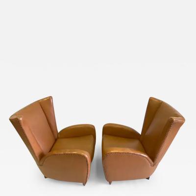 Paolo Buffa Pair Italian Modern Neoclassical Wingback Leather Lounge Chairs by Paolo Buffa