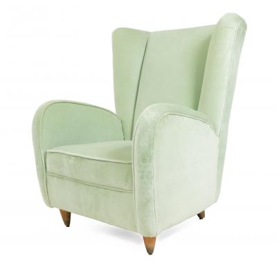 Paolo Buffa Pair of Pair of Paolo Buffa Modernist Wingback Mint Green Velvet Armchairs