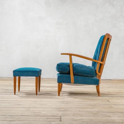 Paolo Buffa Paolo Buffa Armchair Pouf in Wood and Upholstery for Marelli 50s