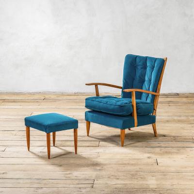 Paolo Buffa Paolo Buffa Armchair Pouf in Wood and Upholstery for Marelli 50s