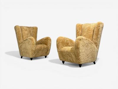 Paolo Buffa Paolo Buffa Attrib Beige Shearling Wood Lounge Chairs Italy 1950s