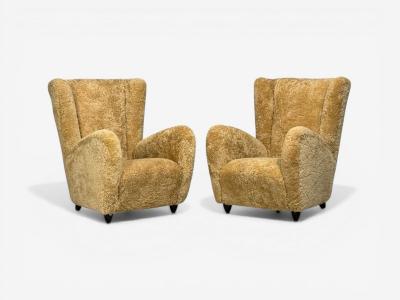 Paolo Buffa Paolo Buffa Attrib Beige Shearling Wood Lounge Chairs Italy 1950s