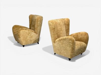 Paolo Buffa Paolo Buffa Attrib Beige Shearling Wood Lounge Chairs Italy 1950s