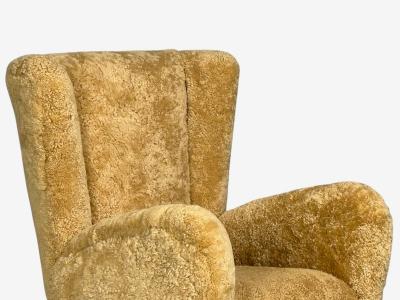 Paolo Buffa Paolo Buffa Attrib Beige Shearling Wood Lounge Chairs Italy 1950s