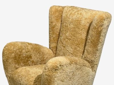 Paolo Buffa Paolo Buffa Attrib Beige Shearling Wood Lounge Chairs Italy 1950s