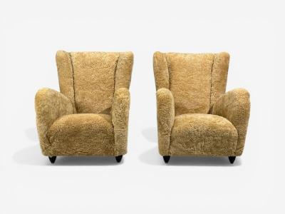 Paolo Buffa Paolo Buffa Attrib Beige Shearling Wood Lounge Chairs Italy 1950s