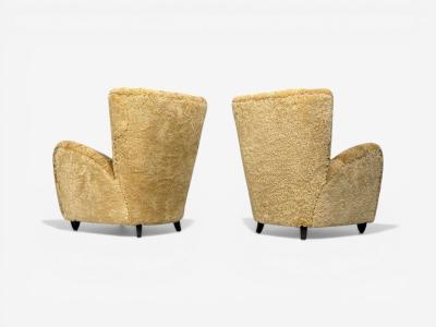 Paolo Buffa Paolo Buffa Attrib Beige Shearling Wood Lounge Chairs Italy 1950s