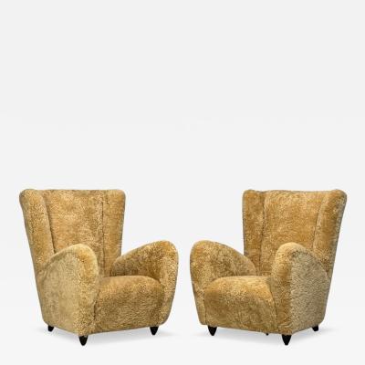 Paolo Buffa Paolo Buffa Attrib Beige Shearling Wood Lounge Chairs Italy 1950s