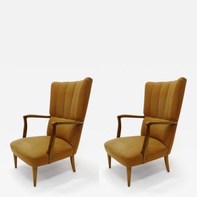 Paolo Buffa Paolo Buffa High Back Armchairs in Original Ochre Upholstery Italy 1940s