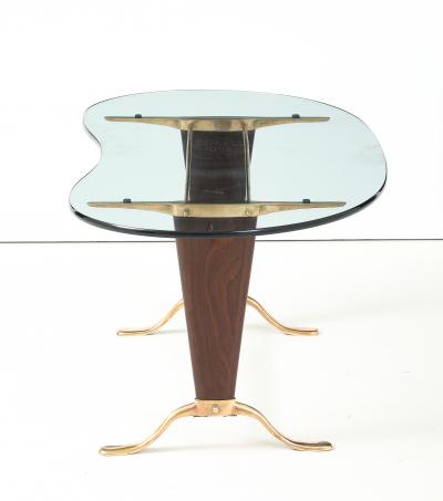 Paolo Buffa Paolo Buffa Style Brass And Walnut Coffee Table With Kidney Shape Glass Top