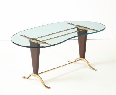 Paolo Buffa Paolo Buffa Style Brass And Walnut Coffee Table With Kidney Shape Glass Top