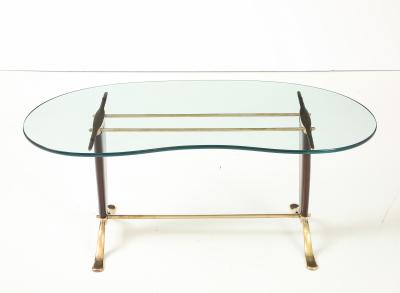 Paolo Buffa Paolo Buffa Style Brass And Walnut Coffee Table With Kidney Shape Glass Top
