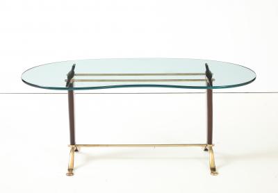 Paolo Buffa Paolo Buffa Style Brass And Walnut Coffee Table With Kidney Shape Glass Top
