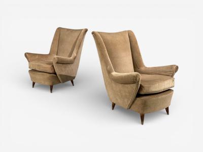 Paolo Buffa Paolo Buffa Style Wingback Lounge Chairs Fabric Wood Italy 1950s