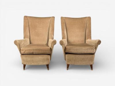 Paolo Buffa Paolo Buffa Style Wingback Lounge Chairs Fabric Wood Italy 1950s