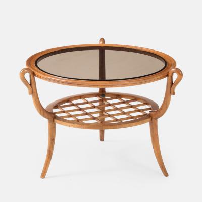 Paolo Buffa Round Two Tiered Cherry Coffee Table with Smoked Glass Top by Paolo Buffa