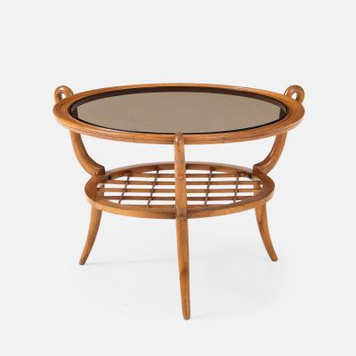 Paolo Buffa Round Two Tiered Cherry Coffee Table with Smoked Glass Top by Paolo Buffa