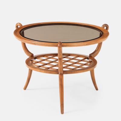 Paolo Buffa Round Two Tiered Cherry Coffee Table with Smoked Glass Top by Paolo Buffa