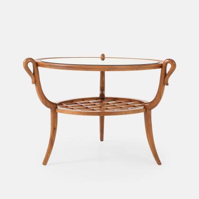 Paolo Buffa Round Two Tiered Cherry Coffee Table with Smoked Glass Top by Paolo Buffa
