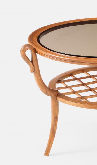 Paolo Buffa Round Two Tiered Cherry Coffee Table with Smoked Glass Top by Paolo Buffa