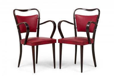 Paolo Buffa Set of 8 Paolo Buffa Italian Modern Dark Walnut Red Upholstered Armchairs