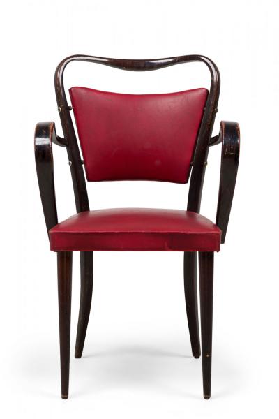 Paolo Buffa Set of 8 Paolo Buffa Italian Modern Dark Walnut Red Upholstered Armchairs