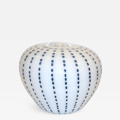 Paolo Crepax Paolo Crepax Italian White Murano Glass Modern Vase with Aqua Blue Dot Murrine