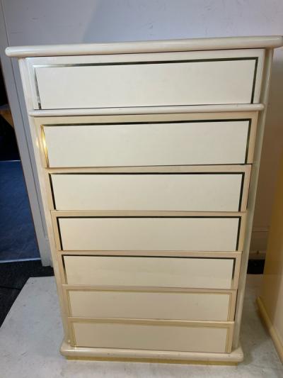 Paolo Gucci MODERN CREAM LACQUER AND BRASS TRIM HIGH CHESTS DESIGNED BY PAOLO GUCCI