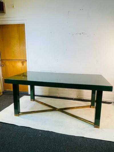 Paolo Gucci MODERNIST DEEP GREEN LACQUERED WOOD BRASS X BASE DINING TABLE BY PAOLO GUCCI