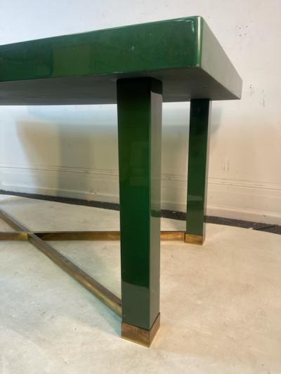 Paolo Gucci MODERNIST DEEP GREEN LACQUERED WOOD BRASS X BASE DINING TABLE BY PAOLO GUCCI