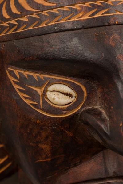 Papua New Guinean Carved Wood and Cowrie Shell Mask Figure