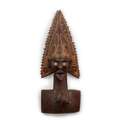 Papua New Guinean Carved Wood and Cowrie Shell Mask Figure