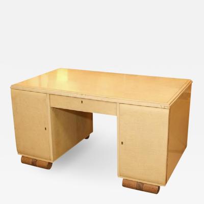 Parchment Clad Pedestal Desk With Cerused Pedestals