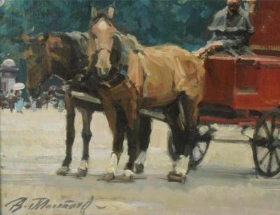 Paris Street Scene Oil Painting of Horse and Carriage