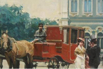 Paris Street Scene Oil Painting of Horse and Carriage
