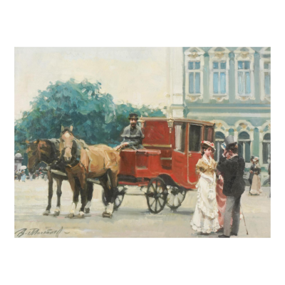 Paris Street Scene Oil Painting of Horse and Carriage