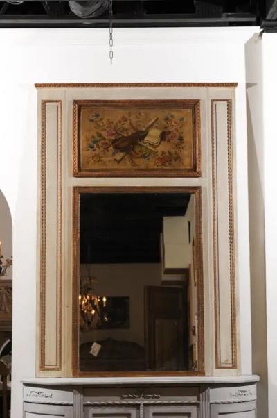 Parisian Louis XVI Style 1860s Trumeau Mirror with Painted Musical Instruments