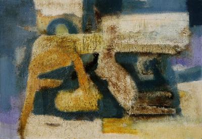 Parris Jaru Beachside Accommodations Abstract Figurative Oil Painting with Blue and Yellow