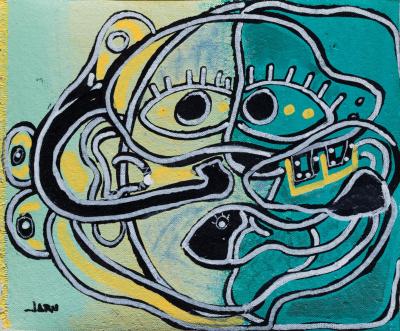 Parris Jaru Octopus Huggs Surrealist Blue and Yellow Figurative Painting