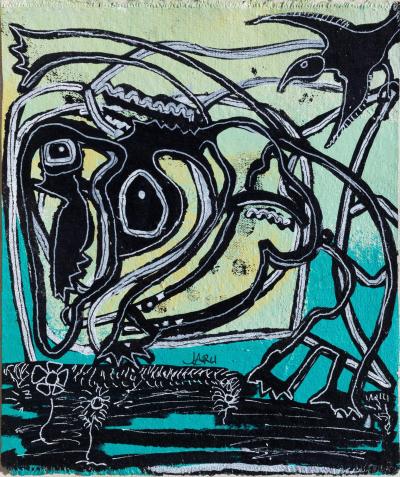 Parris Jaru The Valley of Dancers Expressionist Figurative Painting in Black and Blue
