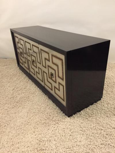 Parzinger Style Hollywood Regency Steel and Bronze Patina Studded Cabinet