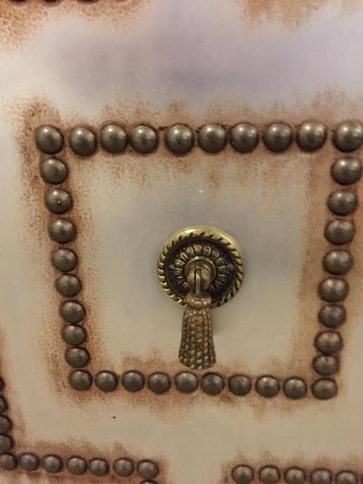 Parzinger Style Hollywood Regency Steel and Bronze Patina Studded Cabinet