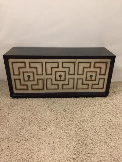 Parzinger Style Hollywood Regency Steel and Bronze Patina Studded Cabinet