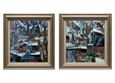 Pascal Jarrion Art Deco Style Cubist Oil Painting Along the Wharf The Harbor by P Jarrion