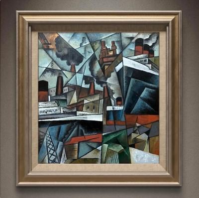 Pascal Jarrion Art Deco Style Cubist Oil Painting Along the Wharf The Harbor by P Jarrion
